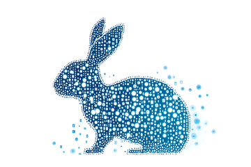 A futuristic digital illustration of a rabbit silhouette, featuring a binary code pattern and glowing effects on a white background.
