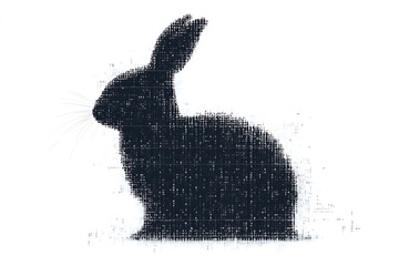 A futuristic digital illustration of a rabbit silhouette, featuring a binary code pattern and glowing effects on a white background.
