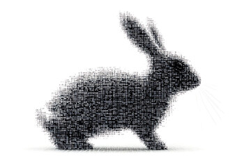 A futuristic digital illustration of a rabbit silhouette, featuring a binary code pattern and glowing effects on a white background.

