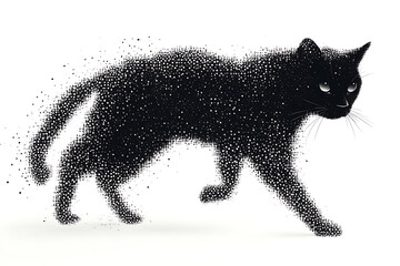 A digital illustration of a cat silhouette, featuring a binary code pattern against a white background, merging feline form with technology.
