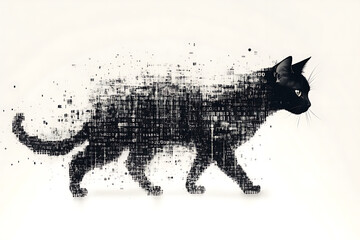 A digital illustration of a cat silhouette, featuring a binary code pattern against a white background, merging feline form with technology.

