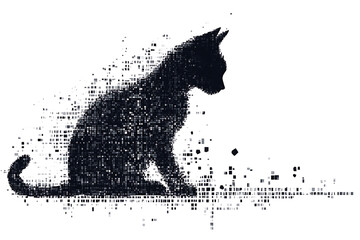 a digital illustration of a cat silhouette, featuring a binary code pattern against a white backgrou