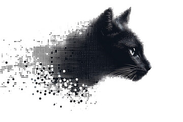 A digital illustration of a cat silhouette, featuring a binary code pattern against a white background, merging feline form with technology.
