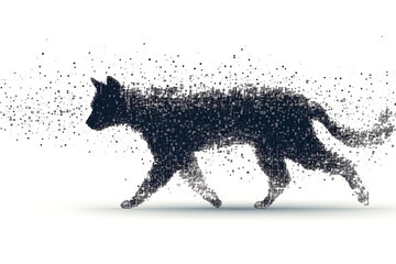 A digital illustration of a cat silhouette, featuring a binary code pattern against a white background, merging feline form with technology.
