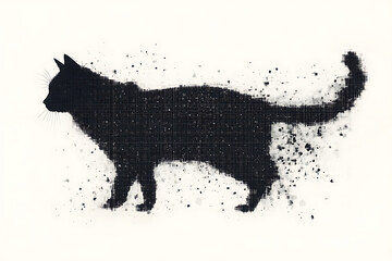 A digital illustration of a cat silhouette, featuring a binary code pattern against a white background, merging feline form with technology.
