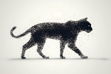 A digital illustration of a cat silhouette, featuring a binary code pattern against a white background, merging feline form with technology.
