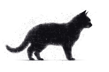 A digital illustration of a cat silhouette, featuring a binary code pattern against a white background, merging feline form with technology.
