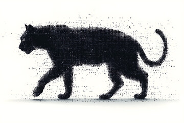 A digital illustration of a cat silhouette, featuring a binary code pattern against a white background, merging feline form with technology.
