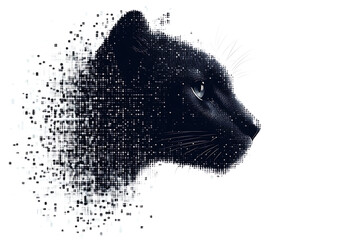 A digital illustration of a cat silhouette, featuring a binary code pattern against a white background, merging feline form with technology.
