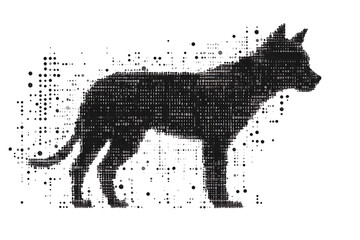 A digital illustration of a cat silhouette, featuring a binary code pattern against a white background, merging feline form with technology.
