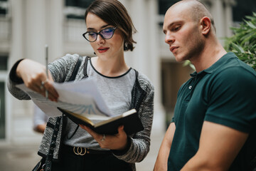 Two colleagues engaged in discussion while reviewing documents outside an office building. A woman points to a page, explaining details to her coworker.