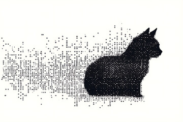 A digital illustration of a cat silhouette, featuring a binary code pattern against a white background, merging feline form with technology.
