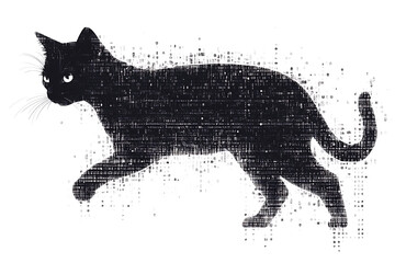 A digital illustration of a cat silhouette, featuring a binary code pattern against a white background, merging feline form with technology.
