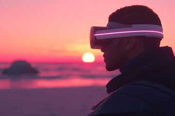 Poster - A tranquil seaside scene at sunset with a person wearing a VR headset looking towards the horizon symbolizing the blending of digital and natural beauty in a serene immersive experience