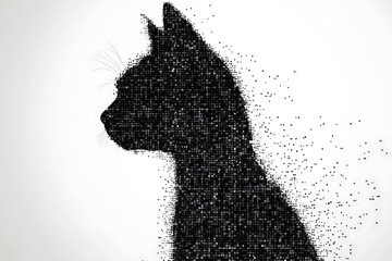 A digital illustration of a cat silhouette, featuring a binary code pattern against a white background, merging feline form with technology.
