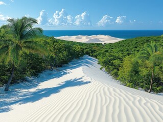 Sticker - Scenic Tropical Paradise with White Sand Dunes, Dense Green Vegetation, and Azure Ocean Under a Clear Blue Sky