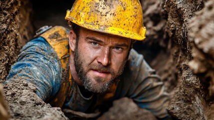 Construction Worker In Tunnel Dirt Hard Hat Safety Gear Underground