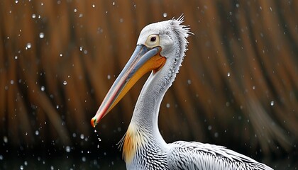 Against the background of water droplets, an elegant pelican stands quietly, with a close-up of its head clearly visible.