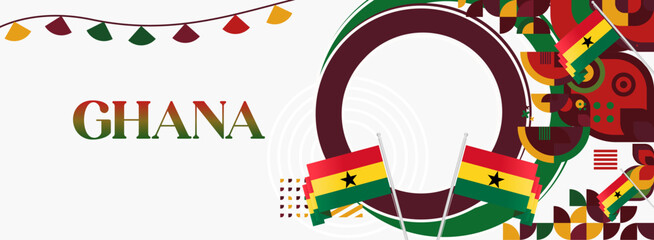 Wall Mural - Ghana National Day Banner in modern abstract geometric style. Wide banner suitable for Ghana independence day greeting cards, web, flyers, posters and more with the country flag. Happy Ghana Day