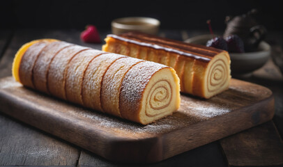 Two slices of cake roll are displayed on a wooden cutting board