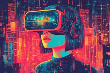 Canvas Print - Woman engaging with digital worlds through advanced virtual reality headset surrounded by neon lights and abstract digital environments in a futuristic setting