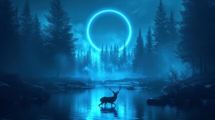 Futuristic night landscape with abstract forest landscape. Dark natural forest scene with reflection of moonlight in the water, neon blue light. Dark neon circle background, dark forest, deer , ai