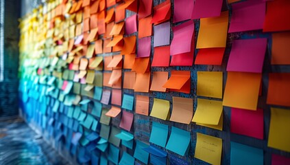 A vibrant wall covered with colorful sticky notes, representing creativity and brainstorming in a modern office environment.