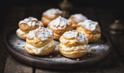 Cream puffs are dusted with powdered sugar and arranged on a dark grey plate