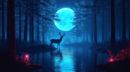 Futuristic night landscape with abstract forest landscape. Dark natural forest scene with reflection of moonlight in the water, neon blue light. Dark neon circle background, dark forest, deer , ai