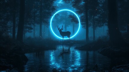 Futuristic night landscape with abstract forest landscape. Dark natural forest scene with reflection of moonlight in the water, neon blue light. Dark neon circle background, dark forest, deer , ai