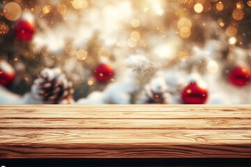 Christmas holiday background with empty wooden deck table over winter bokeh. Ready for product montage