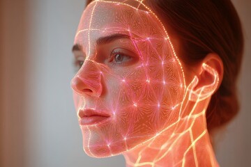 Sticker - Augmented reality overlay on a womans face with red digital grid pattern illustrating AI enhanced facial recognition technology blending human features with advanced computational systems