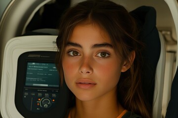 Poster - Young woman in a modern control room with advanced technology symbolizing the human element in high tech environments blending natural beauty with sophisticated machines