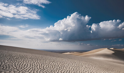 A large, white cloud hangs over a sandy desert landscape