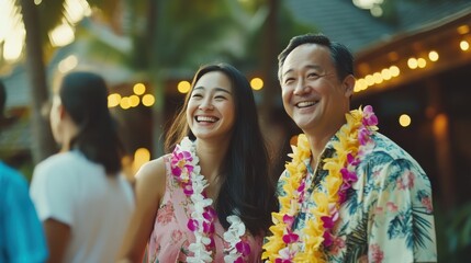 Wall Mural - Guests wearing vibrant tropical leis enjoy a joyful evening at a beach resort, sharing smiles and laughter under twinkling lights