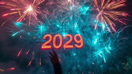 happy new year greeting card with fireworks and lights that show 2029