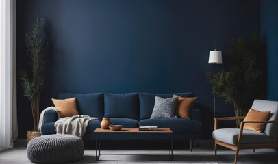 Wall Mural - A living room with a blue couch, an armchair, and a coffee table