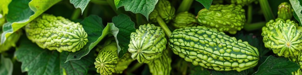 Canvas Print - Recently harvested ripe bitter gourd fruits from a home garden, also known as Momordica charantia.