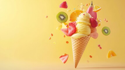 A vanilla ice cream cone with fresh fruit and sprinkles, on a yellow background.