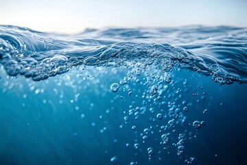 Air Bubbles Float Up Under Blue Water. Pure Water Wave, Oxygen Relaxation. Blue Water Textured on White Background..generative ai