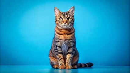 Wall Mural - Cute tabby cat sitting on a vibrant blue background with ample copy space for text, cat, tabby, pet, feline, animal