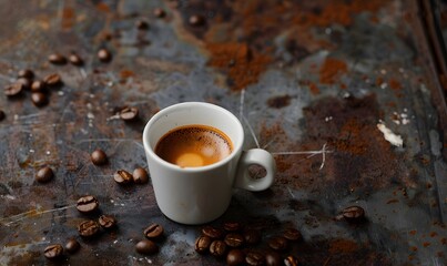 Fragrant hot coffee in a white cup with beans spilling roasted 