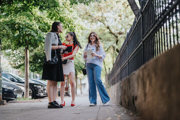 A group of businesswomen engaging in conversation while walking along a leafy street on a sunny day. They appear to be discussing work-related topics.