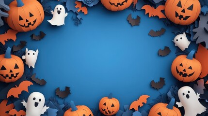 A Halloween theme wallpaper handcrafted paper art design in blue background with a large blank space in the center. It features intricate patterns of pumpkins, bats, and ghosts on both sides.