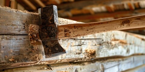 Wall Mural - An axe lodged in a timber beam while building a wooden structure, leaving room for text.