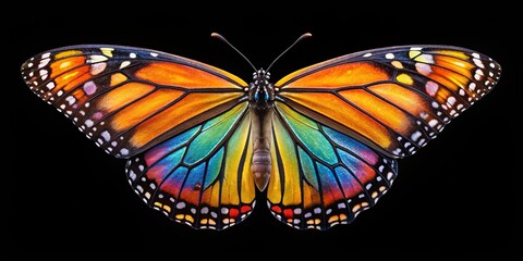 Colorful monarch butterfly wing isolated on black background for design use , tropical, vibrant, wings, pattern, texture