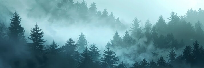 Wall Mural - Misty atmosphere in a pine forest valley featuring tree silhouettes