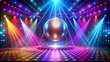 © A.Rod - 70s disco era concert stage with shimmering disco ball, neon lights, and colorful stage, disco, 70s, era, concert