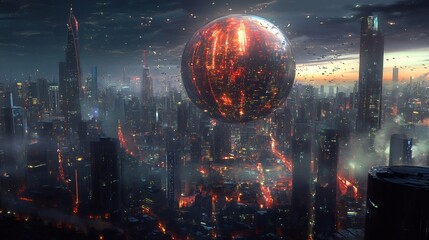 Wall Mural - Futuristic Cityscape with a Glowing Orb