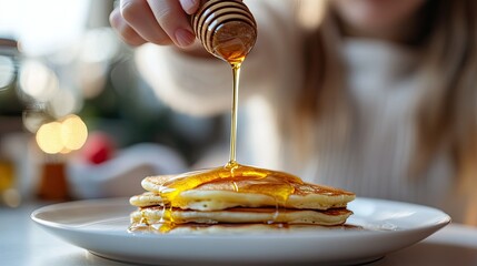 Close-up of honey being poured onto pancakes by a woman's hand, with a white plate on a white table and a blurred background, focusing on the sweet breakfast moment